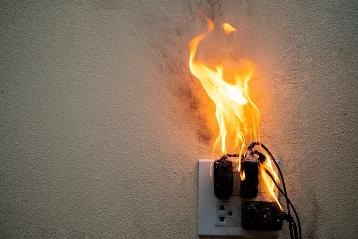 On fire adapter at plug Receptacle on white background