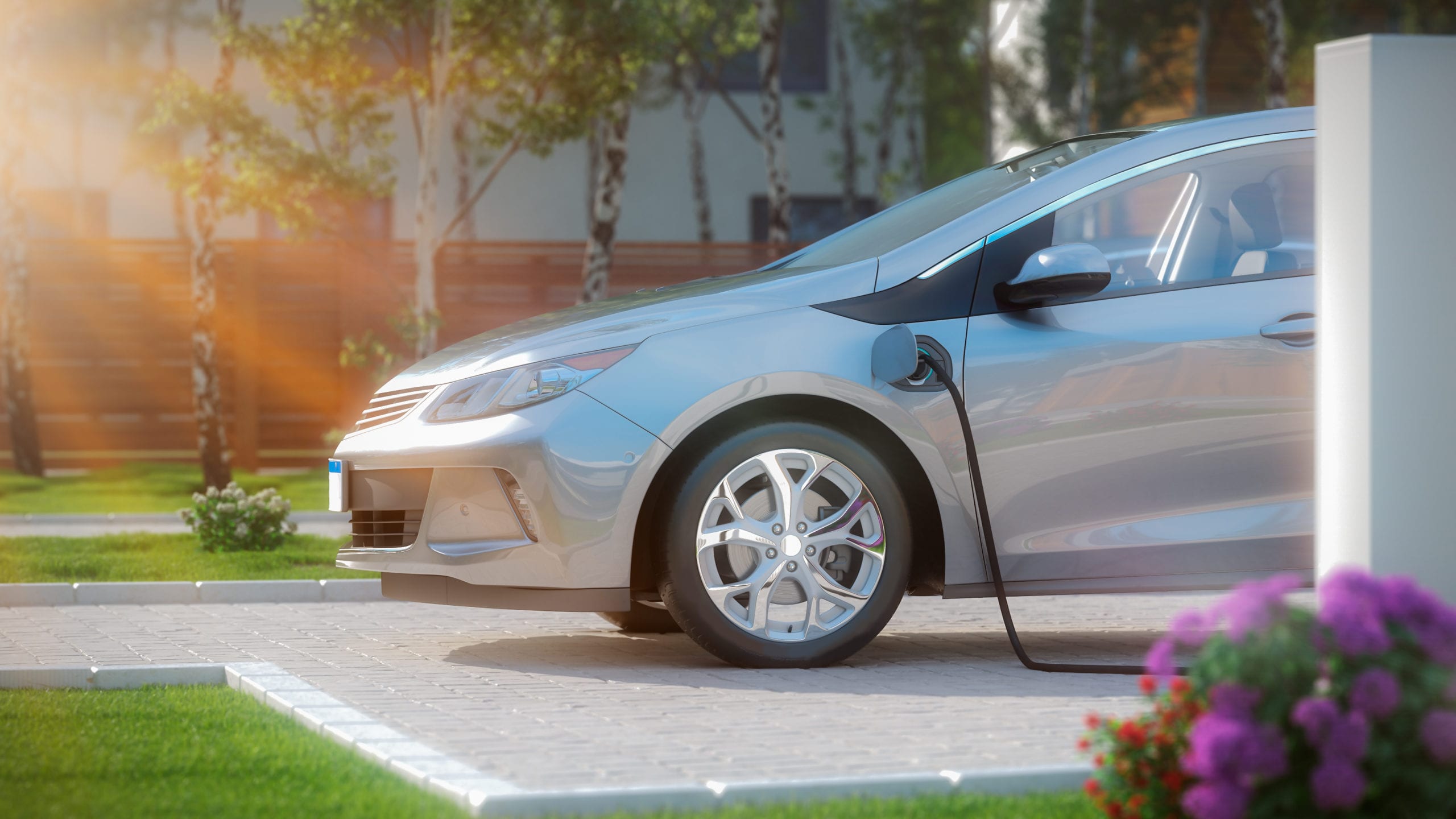 Silver electric car charging in a driveway, surrounded by greenery and flowers, on a sunny day.