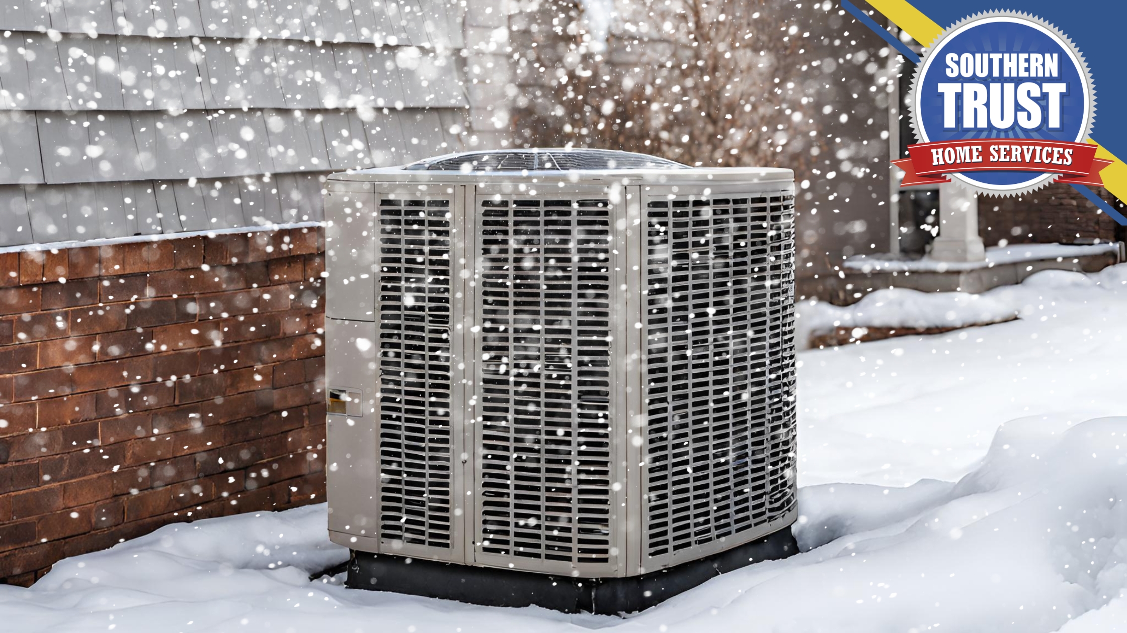 Outdoor air conditioning unit covered in snow, next to a brick wall, with snow falling. "Southern Trust Home Services" logo in the top right corner.