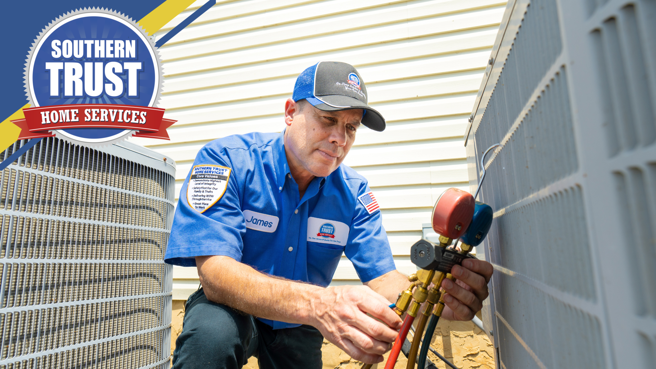 A technician in a blue uniform inspects HVAC equipment outside a building. A "Southern Trust Home Services" logo is in the top left corner.