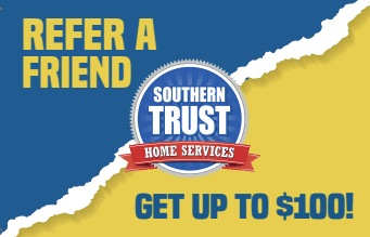 Yellow And Blue Promotional Graphic For Southern Trust Home Services. Text Reads: &Quot;Refer A Friend&Quot; And &Quot;Get Up To $100!.