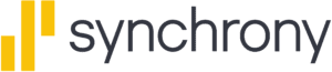 The Image Is A Logo With The Word &Quot;Synchrony&Quot; In Lowercase Gray Text And Three Vertical Yellow Bars To The Left.