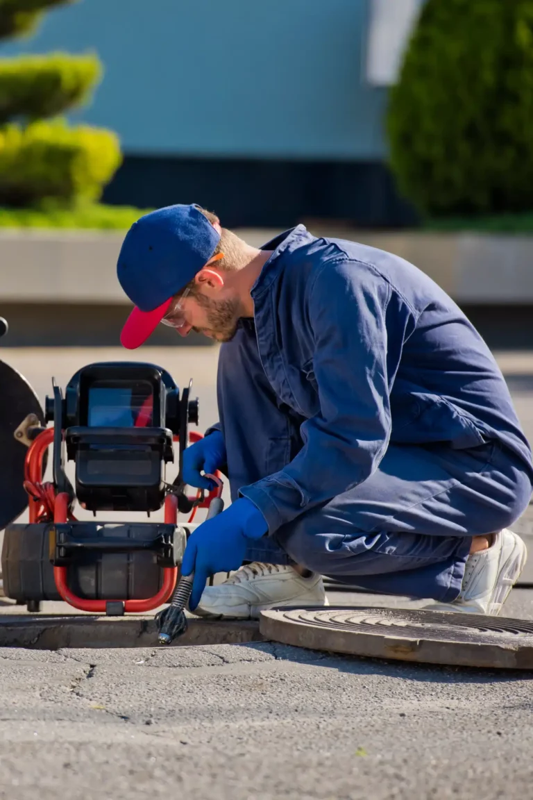 A worker in a blue jumpsuit and cap kneels on the ground, skillfully using camera inspection equipment to thoroughly examine a sewer line near an open manhole.