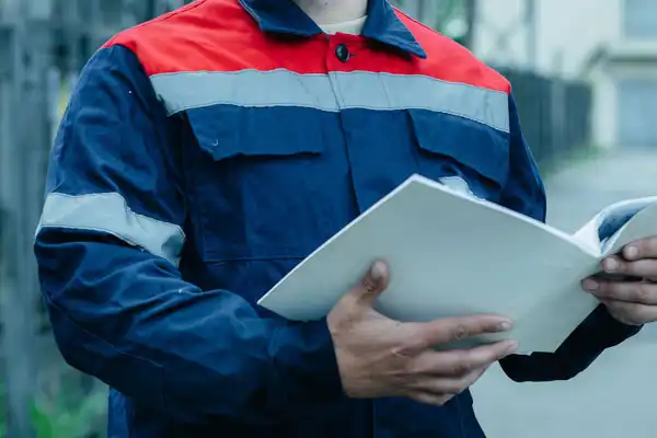 A person in a blue and red uniform stands outdoors, holding an open folder, showcasing their expertise in Electrical Safety Inspection Service.