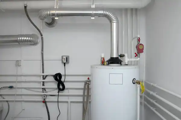 A room with a hot water heater, metal pipes, and various cables and fittings on the walls, now prepped for future furnace installation.