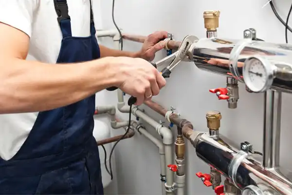 A person in overalls uses a wrench to adjust pipes connected to a plumbing system in a utility room, ensuring everything runs smoothly as part of general heating maintenance.