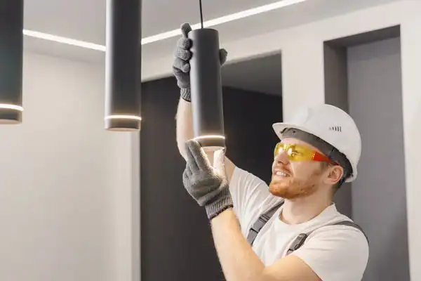 A construction worker, devoted to lighting installation, dons a helmet and safety glasses as he expertly fits a cylindrical light fixture in a modern interior.