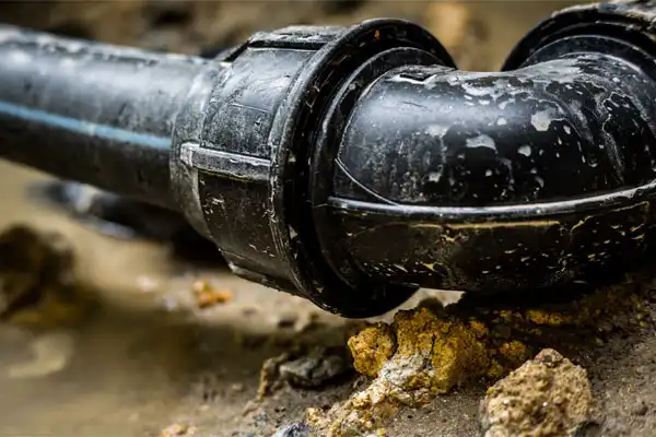 Close-up of two connected black pipes on a muddy ground, indicative of ongoing sewer line repair.