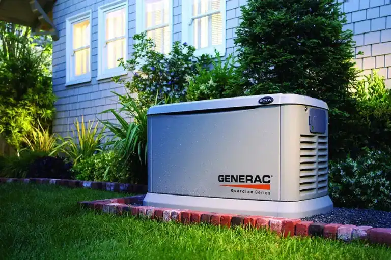 A Southern Trust Home Services technician has expertly installed a Generac Guardian Series standby generator on a sturdy concrete pad beside a customer’s home. The well-kept green lawn, shrubs, and attractive landscaping highlight how seamlessly the new generator blends in, adding both reliable function and enhanced curb appeal.