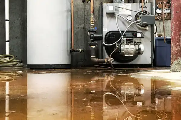 A flooded basement reveals a submerged water heater and pipes, their reflections shimmering on the surface. It’s clear that immediate sump pump repair is crucial to prevent further damage and restore functionality.