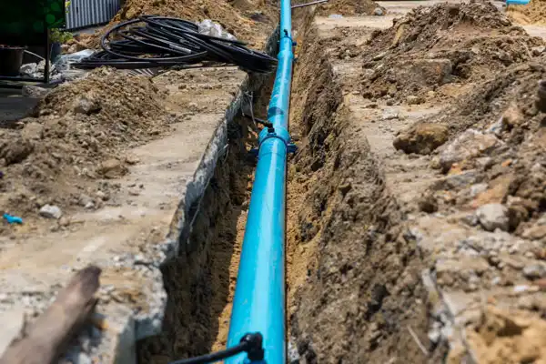 A blue water pipe, essential for the water line installation, is nestled in a trench at the construction site. Earth is heaped on both sides, framing the careful work done to secure this vital infrastructure.