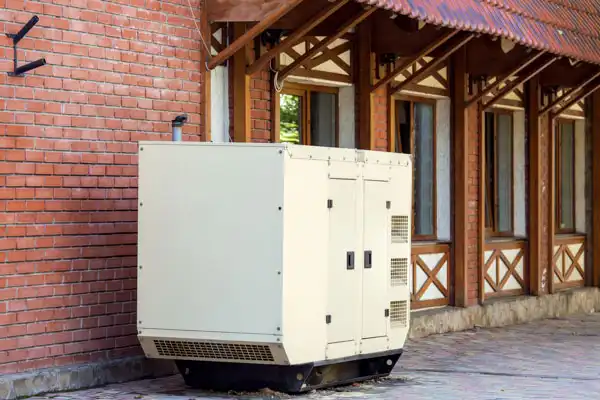 A large white generator, the result of a home generator installation, sits on a concrete base outside a brick building with a sloped tile roof and wooden accents.