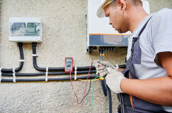 An electrician in uniform and gloves skillfully tests wires with a multimeter on an external electrical panel, ensuring everything is in optimal condition, possibly after a recent home generator repair.