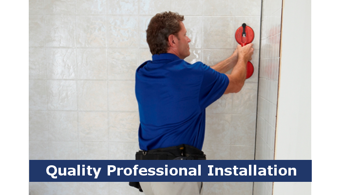 A Person In A Blue Shirt Uses A Suction Tool To Install A Large White Tile On A Wall. The Text Reads &Quot;Quality Professional Installation.