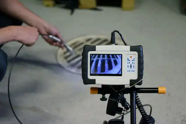 A Person Uses A Borescope Camera To Inspect A Drain. The Camera Display Shows An Image Of The Drain'S Interior.