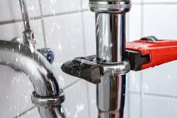 Water Spraying From A Leaking Pipe Joint While A Red Wrench Is Applied For Repair.