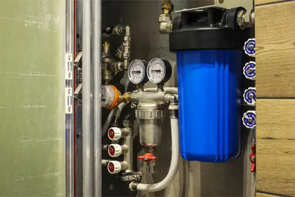 A plumbing system with gauges, valves, and pipes is visible in a compartment. A prominent blue water filter, part of the Water Filtration Installation, is mounted on the right side.