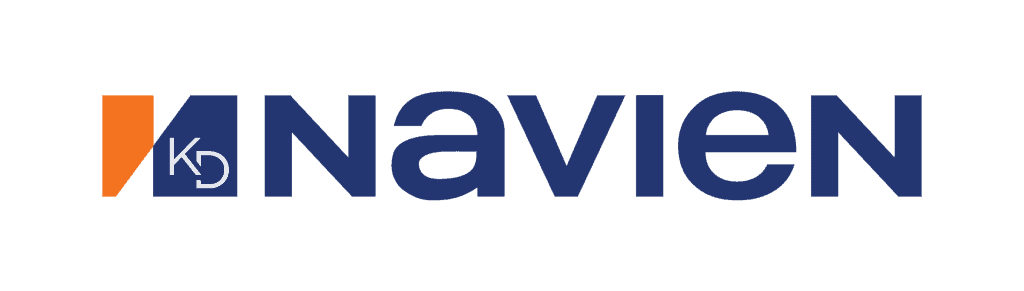 The Navien logo features bold blue lettering, a vibrant orange rectangle on the left, and crisp white “KD” initials set within a blue square inside the rectangle—reflecting the quality products installed and serviced by Southern Trust Home Services’ expert team.