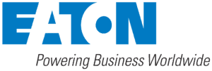 The Eaton logo appears in blue above the slogan “Powering Business Worldwide” in gray lettering, all set against a clean white background.
